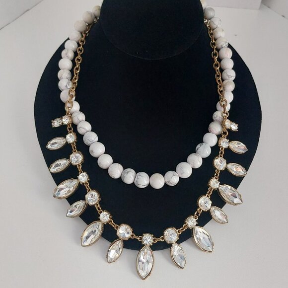 Anthropologie Necklace Boho Chic Double Strand Natural Stone Gold Rhinestones - Picture 2 of 11